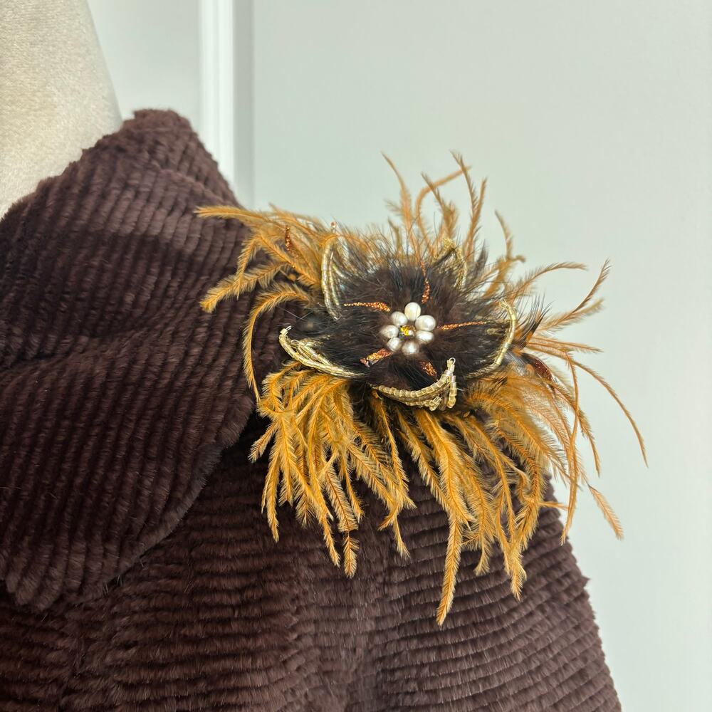 SPI 25 Sandy Pino Rabbit Fur Jacket Brown Ribbed Cropped Coat Brooch Large - Picture 9 of 13